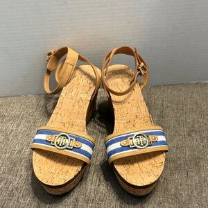 Stylish Tommy Hilfiger Tan and Blue Wedge Sandals